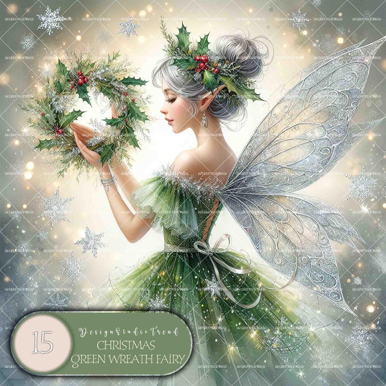 May include: A green fairy with silver wings holds a green Christmas wreath. The fairy is wearing a green dress with a silver belt. The background is a sparkly silver and white.
