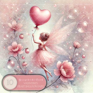 K&ouml;nnte beinhalten: Eine rosa herzf&ouml;rmige Ballonfee mit Fl&uuml;geln, die einen rosa herzf&ouml;rmigen Ballon h&auml;lt. Die Fee tr&auml;gt ein rosa Kleid und hat langes blondes Haar. Der Hintergrund ist zartrosa und wei&szlig; mit einem glitzernden Effekt. Das Bild enth&auml;lt den Text "Valentine's Heart Balloon Fairy".