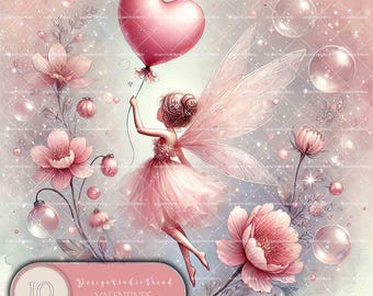 Rosa Luftballon Fee Clipart: 10 Herzen Designs, Kinderzimmer Kunst (Kommerzielle Nutzung)