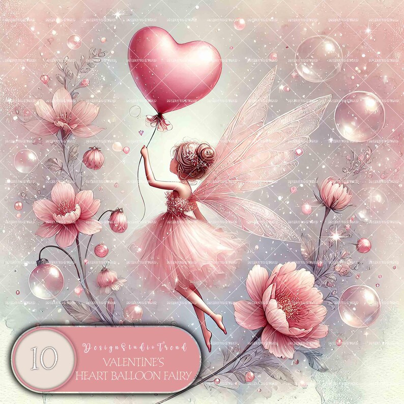 K&ouml;nnte beinhalten: Eine rosa herzf&ouml;rmige Ballonfee mit Fl&uuml;geln, die einen rosa herzf&ouml;rmigen Ballon h&auml;lt. Die Fee tr&auml;gt ein rosa Kleid und hat langes blondes Haar. Der Hintergrund ist zartrosa und wei&szlig; mit einem glitzernden Effekt. Das Bild enth&auml;lt den Text "Valentine's Heart Balloon Fairy".