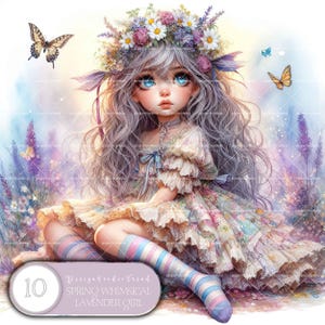 Spring Whimsical Lavender Girl Clipart – 10 Desenhos PNG Florais para Sublimação e Artesanato DIY – Download Digital - Não Transparente