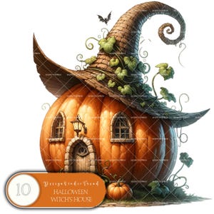 Pacchetto di clipart della casa della strega di Halloween - Disegni stravaganti - 10 pezzi di clipart PNG per sublimazione da favola - Uso commerciale
