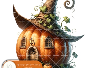 May include: A whimsical Halloween witch's house made from a pumpkin with a pointed hat and ivy vines. The house has two windows and a door with a knocker. There is a small pumpkin in front of the house.