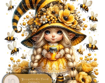 Spring Bumble Bee Gnome Clipart: Floral Watercolor PNG Bundle (Commercial Use)