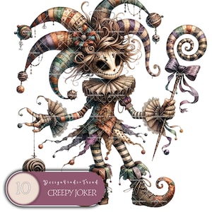 Spooky Joker Clipart - Mystical Jester Doll PNGs para inserciones de diarios - Arte de sublimación de otoño - 10 archivos digitales - Uso comercial