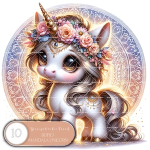 Pacote de clipart de unicórnio mandala estilo boho encantador - 10 adoráveis unicórnios bebês - Arte digital caprichosa - Uso comercial - Não transparente