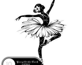 Può includere: Silhouette in bianco e nero di una ballerina con un fiore nei capelli, che indossa un tutù e scarpe da punta. L'immagine è intitolata "Piccola Ballerina" con il numero 10.