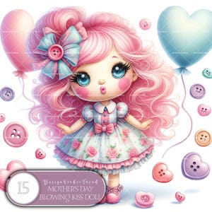 Moederdag Blowing Kiss Doll Clipart-15 unieke hartballonontwerpen - babyshower kinderkamer muurkunst - niet-transparant - commercieel gebruik