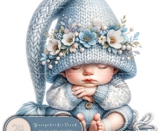 May include: A blue knitted gnome with a white and blue patterned sweater, sleeping with its hands clasped together. The gnome has a blue knitted hat with a white flower crown and a white pearl trim.