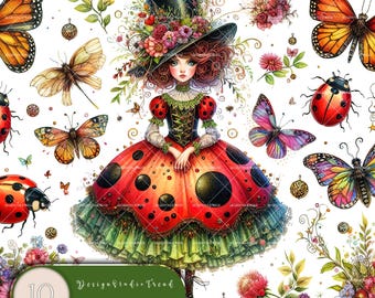 Ladybug Watercolor Clipart Bundle: Woodland Junk Journal PNG Images (Commercial Use)