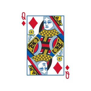 May include: A playing card depicting the Queen of Diamonds. The card has a white background. The central image is of a queen in a yellow, blue, and red dress, holding a flower. The card also displays the letter "Q" and diamond symbols.