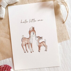 Handgemalte Babykarte: Rehe, Geburtskarte, "Hello little one", DIN A6