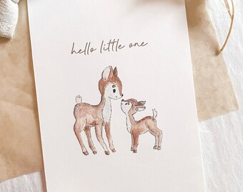 Hand-painted baby card: deer, birth card, "Hello little one", DIN A6