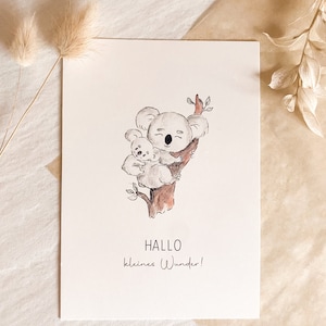 Handgemalt Babykarte: Koala - "Hallo kleines Wunder", Geburtskarte, Geschenk, DIN A6