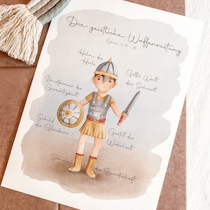 Könnte beinhalten: Eine Aquarell-Illustration einer Comicfigur, die eine Rüstung trägt, die die geistliche Rüstung darstellt, die in Epheser 6,10-20 beschrieben wird. Die Illustration enthält Beschriftungen für jedes Rüstungsteil, wie z. B. "Helm des Heils", "Brustpanzer der Gerechtigkeit" und "Schwert des Geistes".