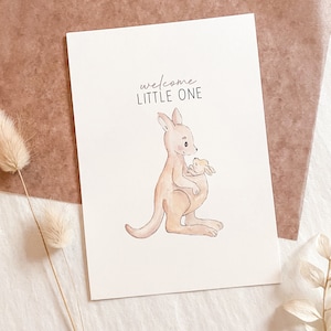 Handgemalte Babykarte: Känguru, "Welcome little one" Geburtskarte, DIN A6