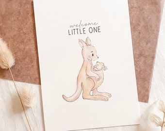 Hand-painted baby card: Kangaroo, "Welcome little one" birth card, DIN A6
