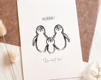Hand-painted baby card: penguins, "Hurrah, you're here!", birth card, DIN A6