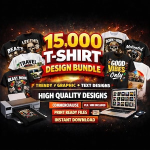 May include: A promotional image showcasing a t-shirt design bundle. The image features various t-shirts with graphic designs, a printer, and a laptop displaying design previews. Text on the image includes "15,000 T-Shirt Design Bundle" and "High Quality Designs."