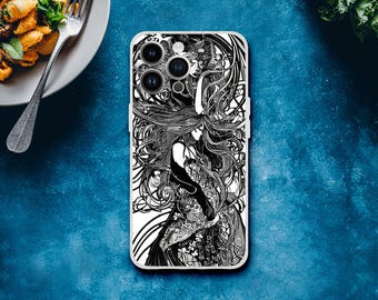 iPhone-skal med sjöjungfrur, inspirerat av bläckteckningar, mytisk kvinnadesign, konstnärligt skal, gåva med havstema