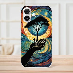 Custodia per iPhone "Heritage - L'universo nella mia mano" - Albero cosmico e connessione umana, custodia artistica per telefono