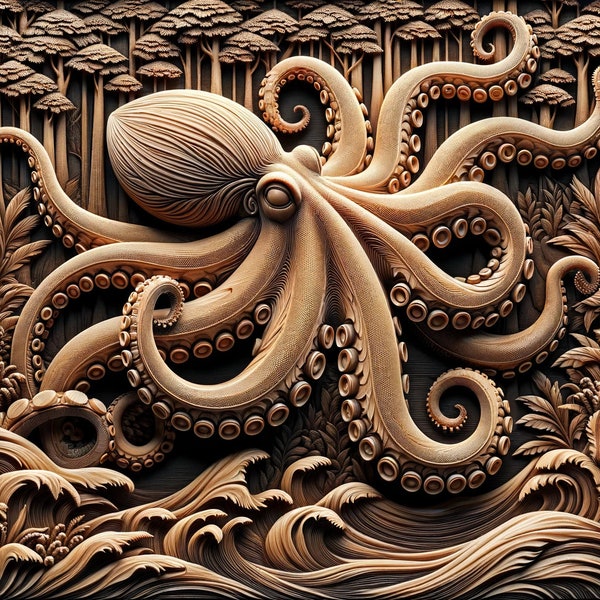 Laser Burn Files Lightburn Laser Burn PNG 3D Ilustration Laser Engraving Wood Woodburning Gift For Person that love wildlife. Octopus