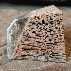 May include: A clear quartz crystal with a layered, brown, wood-like appearance. The crystal has a faceted, polished surface on one side, contrasting with the rough, textured layers of the other side. The overall shape is a truncated pyramid.