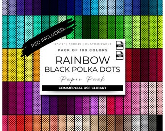 Rainbow Polka Dots - Black - Clipart, Colorful, Digital Paper, Seamless, Scrapbooking, Print on Demand, POD, PSD, JPG, Commercial Use