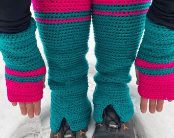 Blue and pink set of arm and leg warmers.