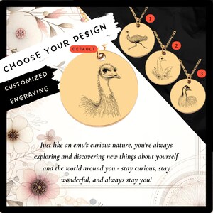 May include: A gold necklace with a round pendant featuring a line drawing of an emu. The pendant is available in three different designs, including a swan, an emu, and a bird. The text "CHOOSE YOUR DESIGN" and "CUSTOMIZED ENGRAVING" is displayed on the image.