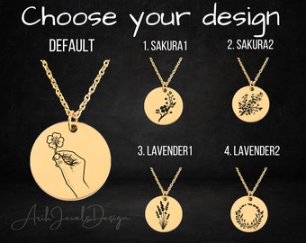 Flower Necklace, Sakura Custom Engraving, Lavender Coin Necklace, Clover Charm Necklace, Cherry blossom Pendant