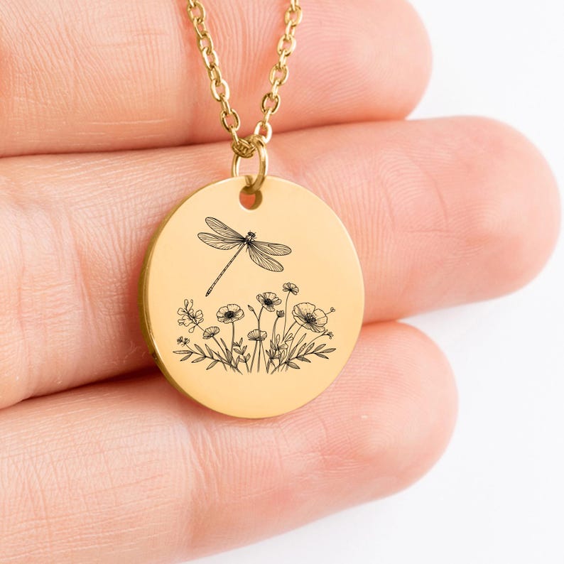 Custom Damselfly Necklace Engraved Damselfly Coin Charm Damselfly Gift