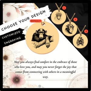 Custom Chimpanzee Necklace • Engraved Monkey Charm • Chimpanzee Gift• Engraved Chimpanzee Pendant• Chimpanzee Coin Necklace•