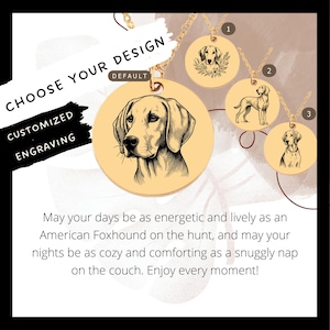 Puede incluir: Collares con colgantes dorados con retratos de perros grabados. El colgante principal presenta un American Foxhound. La imagen incluye el texto "CHOOSE YOUR DESIGN" y "CUSTOMIZED ENGRAVING". Se muestran diseños de colgantes adicionales.