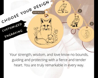 May include: A gold necklace with a round pendant featuring a line drawing of a mother fox and her cub. The pendant is surrounded by small flowers. The necklace is available in three different designs, each with a different fox illustration.