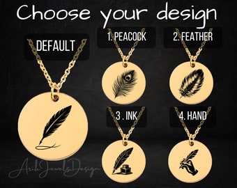 Feather Custom Necklace • Feather Coin Charm • Quill Pen Pendant• Custom Quill Pen Necklace•