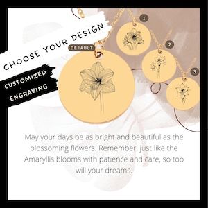Custom Amaryllis Necklace • Engraved Amaryllis Flower Charm • Amaryllis Flower Gift• Engraved Amaryllis Pendant• Amaryllis Coin Necklace•