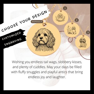 May include: A gold necklace with a round pendant featuring a black and white line drawing of a dog. The pendant is available in three sizes. The necklace is a personalized gift for dog lovers.