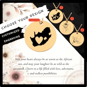 Collar personalizado de Sudáfrica • Dije con mapa de Sudáfrica grabado • Regalo de Sudáfrica • Colgante de Sudáfrica grabado •