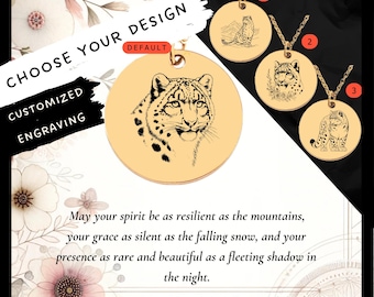 Custom Snow Leopard Necklace • Engraved Leopard Coin Charm • Snow Leopard Gift• Engraved Snow Leopard Pendant• Leopard Coin Necklace•