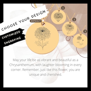 Custom Chrysanthemum Necklace • Engraved Chrysanthemum Coin Charm • Chrysanthemum Gift• Engraved November Birth Flower•