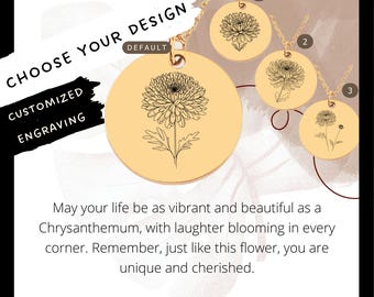 Gravierte Chrysantheme-Münzen-Halskette • Personalisierter Geburtsblumen-Anhänger