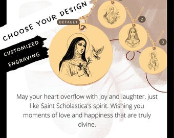Personalisierte St. Scholastica Halskette • Gravierter Münzanhänger aus Edelstahl