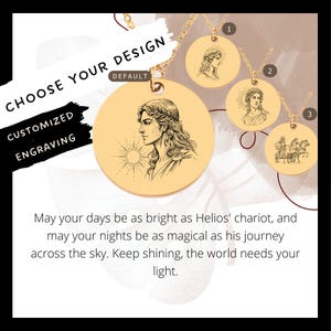 Peut inclure: Collier en or avec un pendentif rond représentant un dessin au trait d'Hélios, le dieu grec du soleil, conduisant son char. Le pendentif est disponible en trois tailles. Le texte "CHOOSE YOUR DESIGN" et "CUSTOMIZED ENGRAVING" est visible sur l'image.