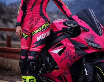 Custom Women's Leather Motorcycle Racing Suit | Pink & Black Biker Gear