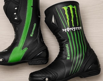 Zielone i czarne buty motocyklowe wyścigowe | Ochronne skórzane obuwie sportowe