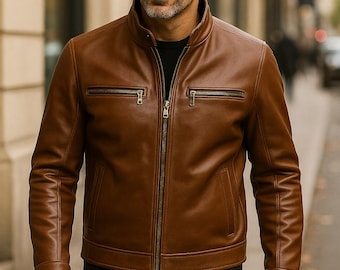 Handmade Brown Lambskin Leather Jacket – Men’s Custom Classic Biker