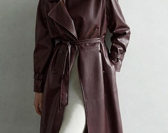Handmade Leather Trench Coat for Women, Long Belted Winter Coat
