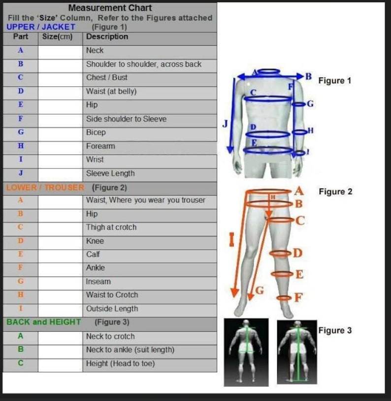 May include: A measurement chart for clothing with three figures showing how to measure different parts of the body. The chart includes measurements for the upper body, lower body, and back and height. The chart is labeled with letters and numbers to indicate the different measurements.