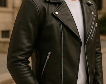 Jaqueta masculina de couro preta estilo motociclista – Jaqueta de couro de cordeiro feita à mão, modelo Café Racer com caimento personalizado.